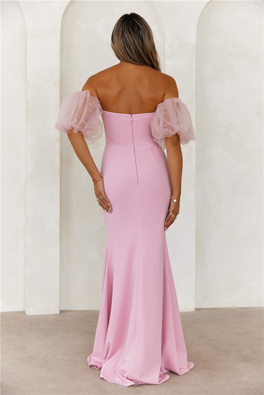 Champagne Soirée Off Shoulder Maxi Dress Pink
