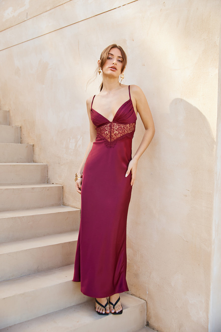 Lovers Engagement Silk Maxi Dress Burgundy