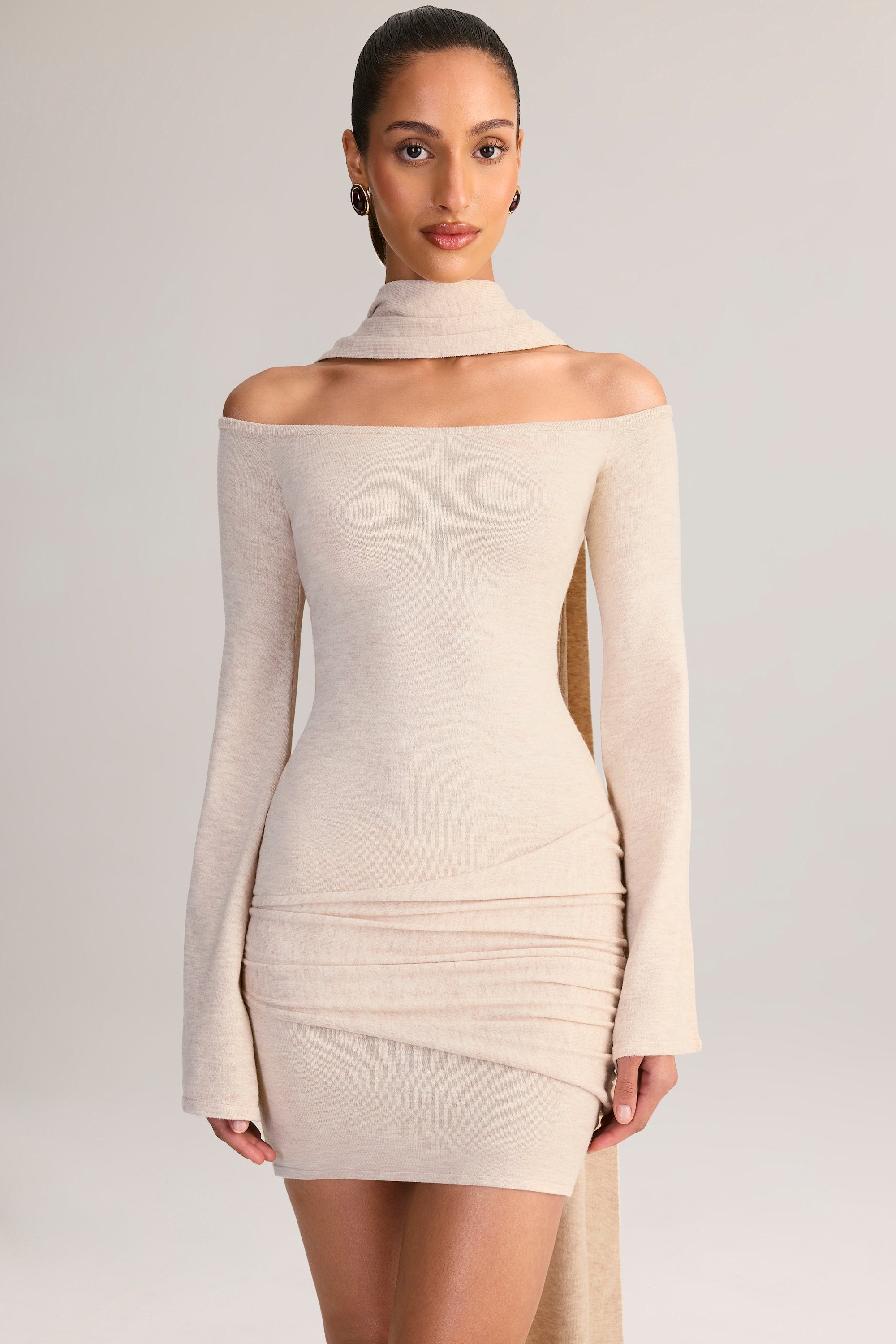 Knit Scarf-Detail Off-Shoulder Mini Dress in Cream