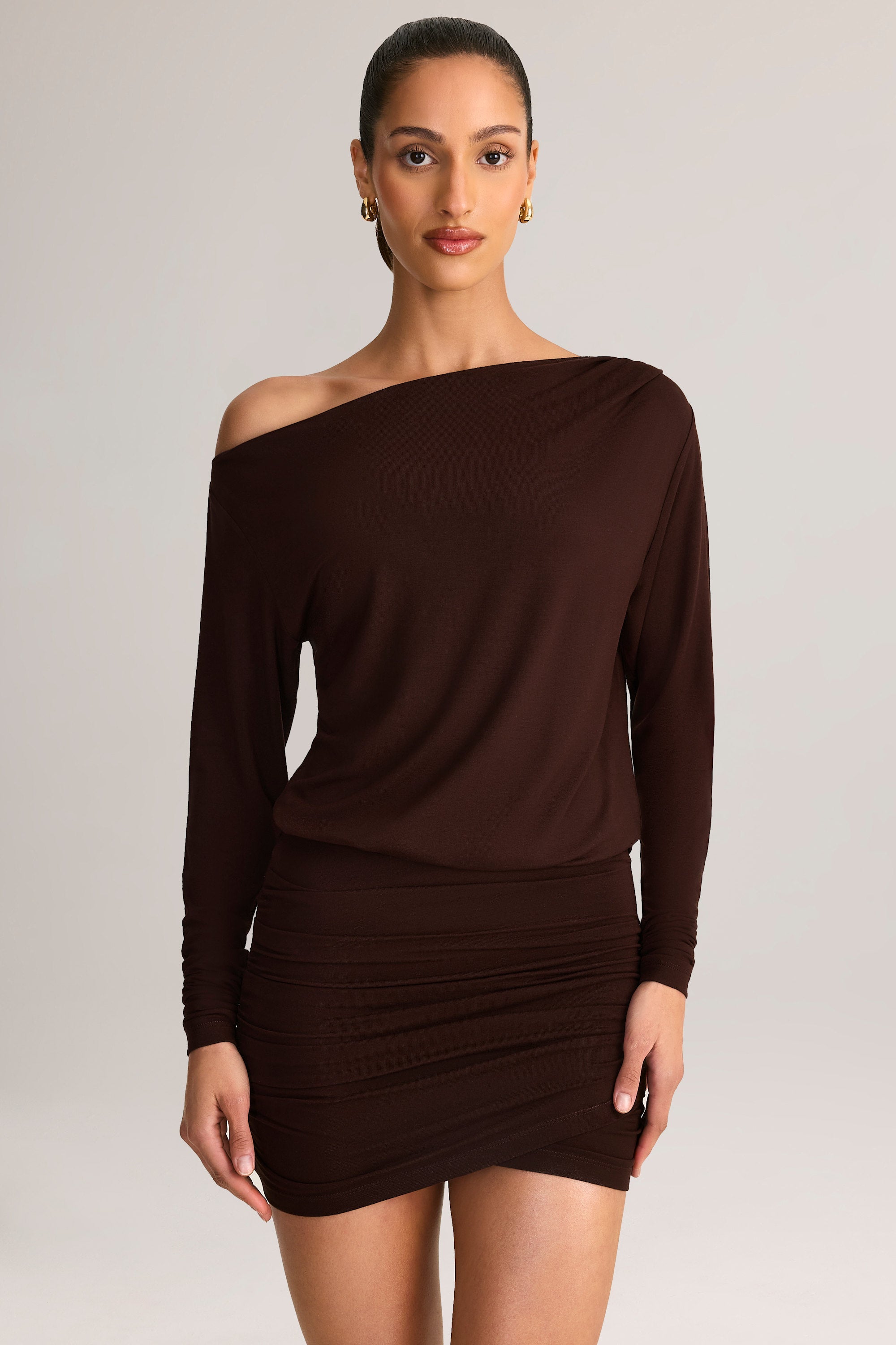 Modal Off-Shoulder Mini Dress in Chocolate Brown