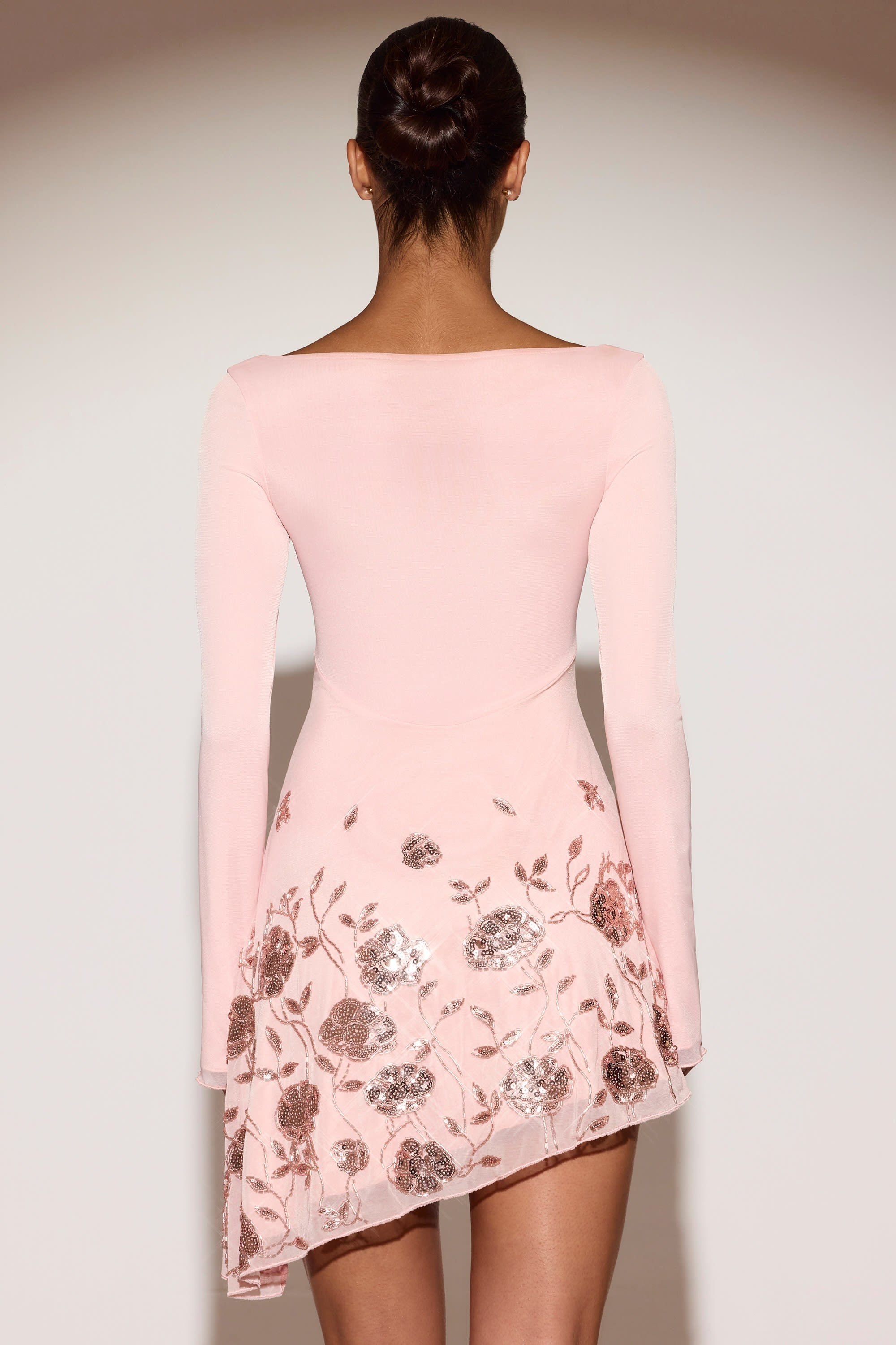 Embellished Asymmetric Mini Dress in Pink