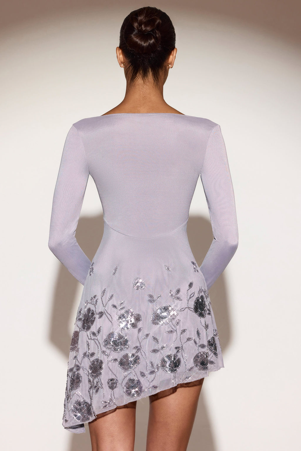 Embellished Asymmetric Mini Dress in Lilac