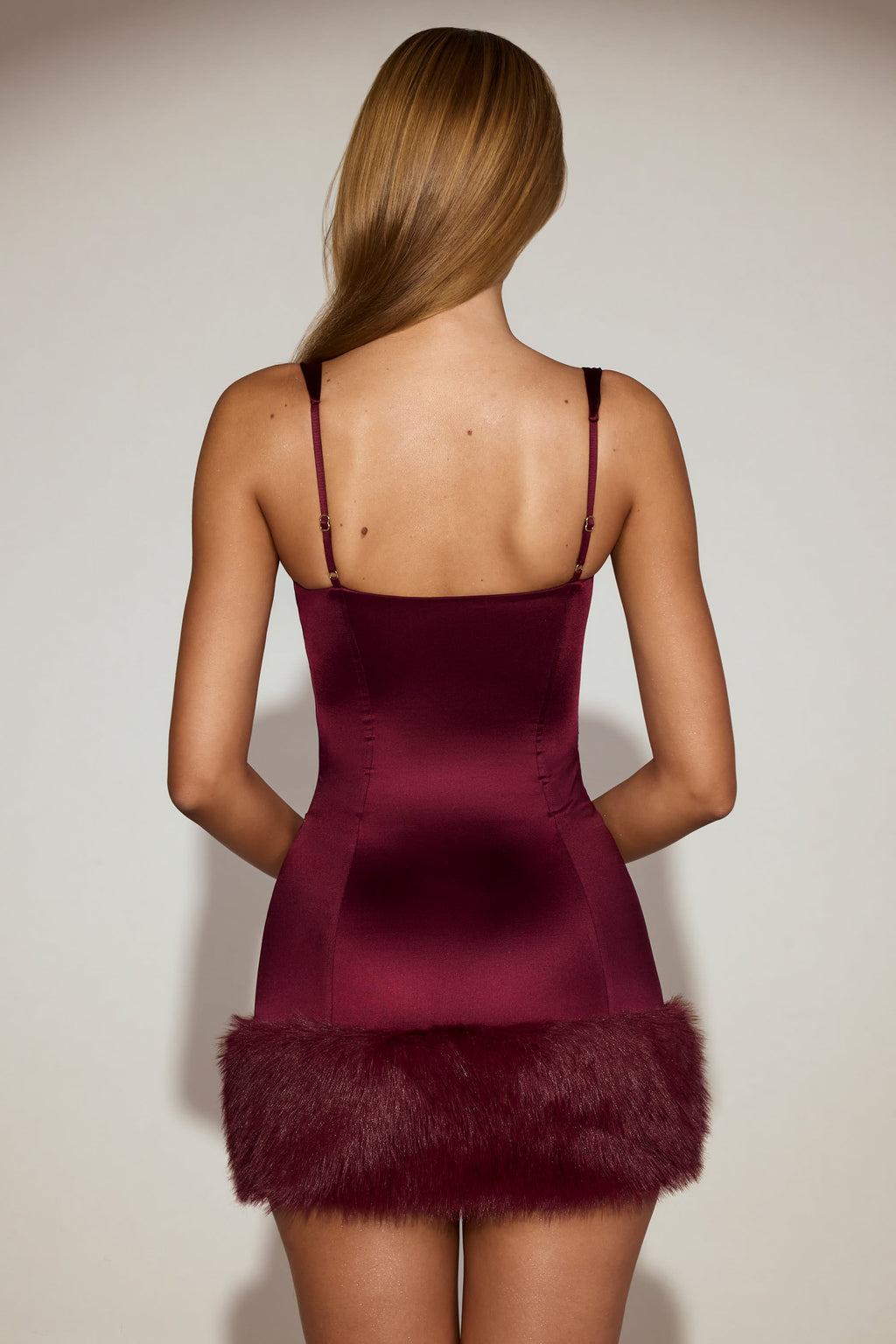 Faux-Fur Trim Corset Mini Dress in Wine Red