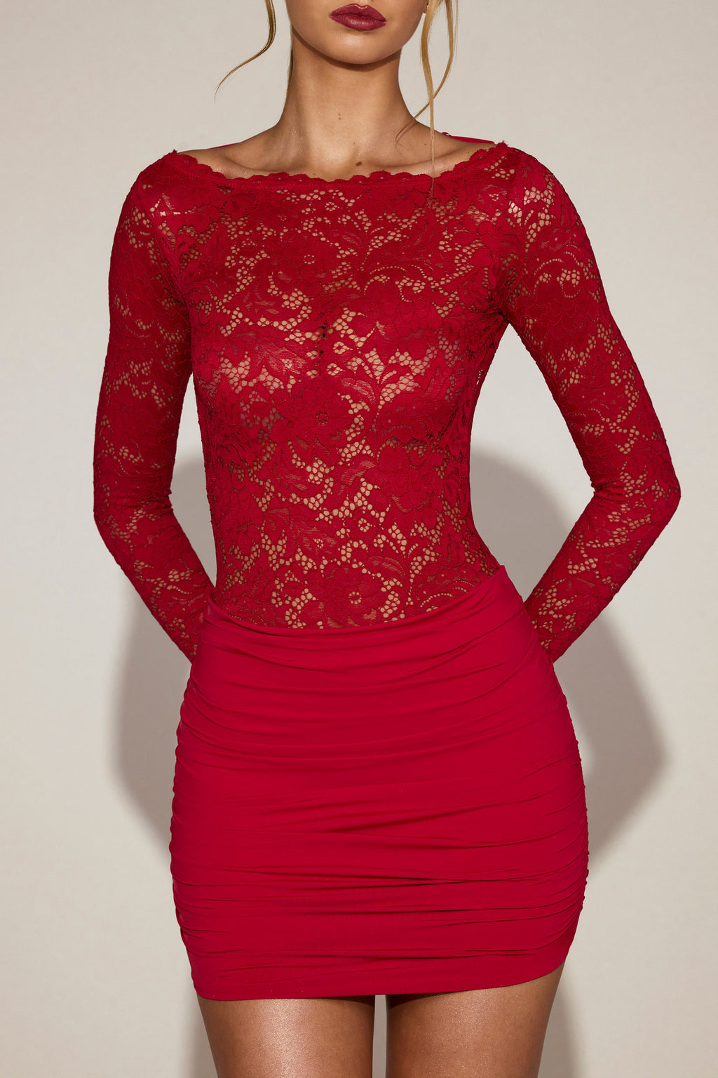 Lace Boat-Neck Mini Dress in True Red