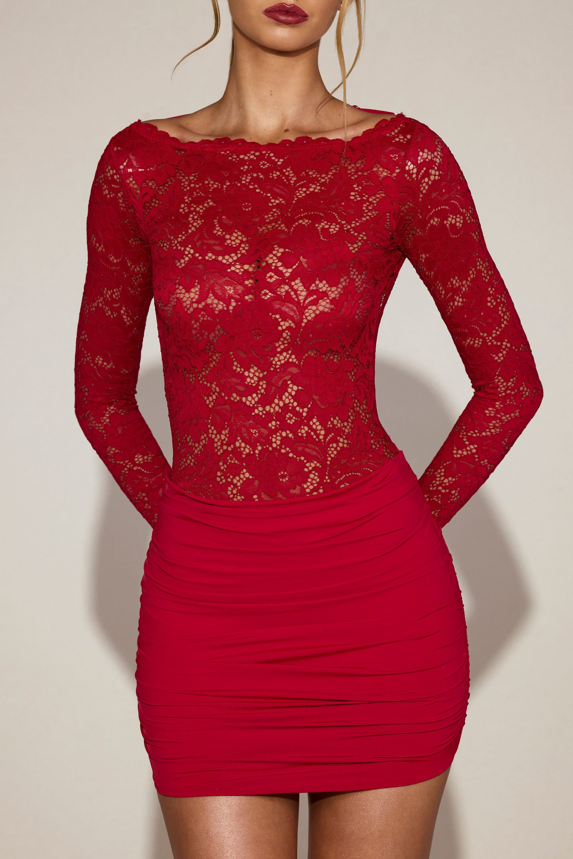 Lace Boat-Neck Mini Dress in True Red