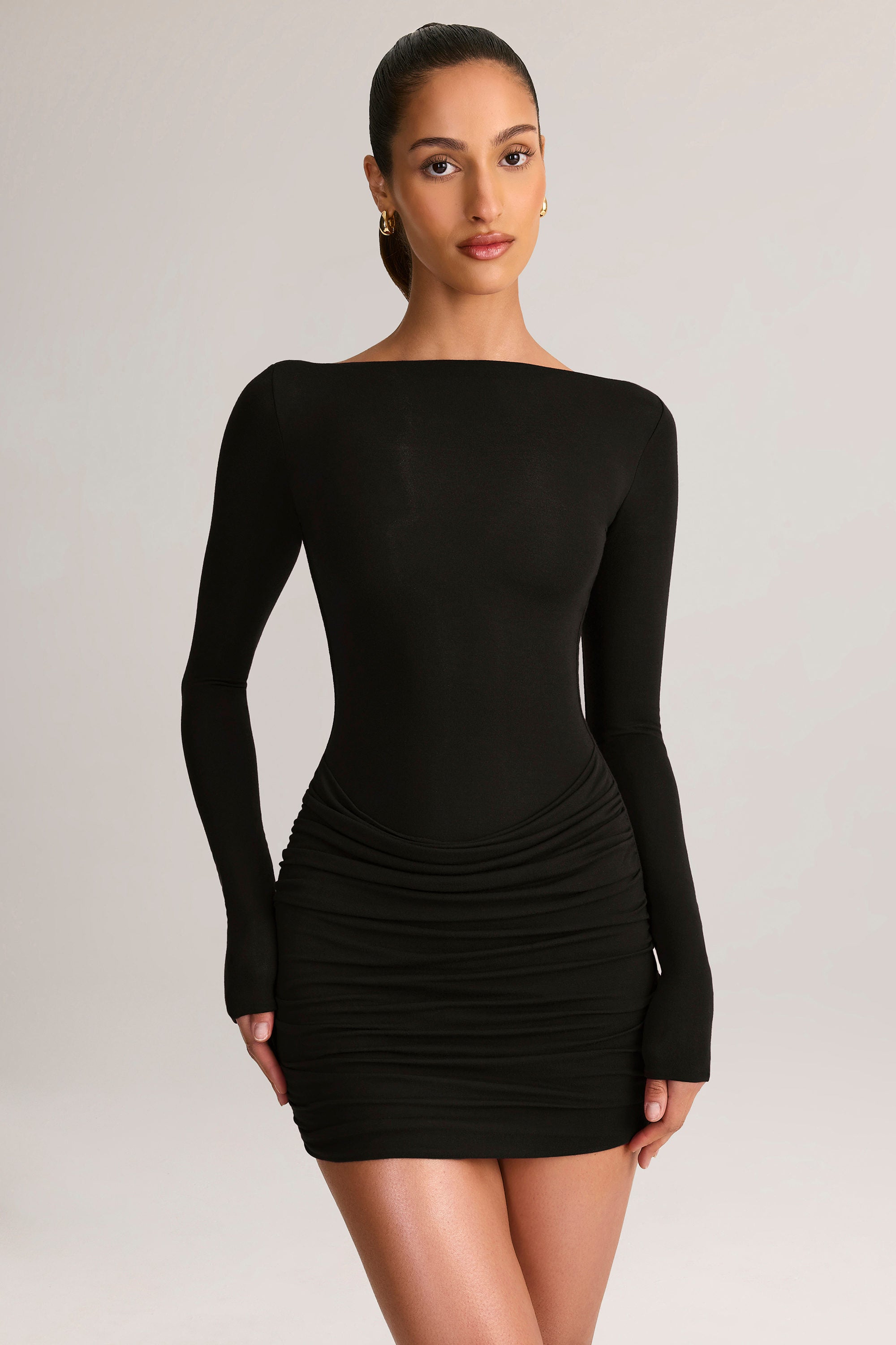 Modal Draped Long-Sleeve Mini Dress in Black