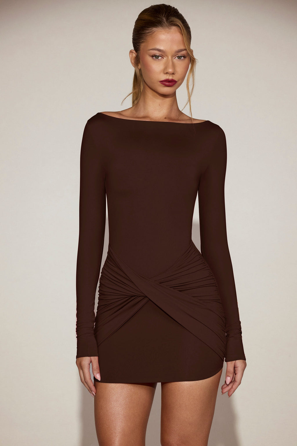 Draped Boat-Neck Mini Dress in Chocolate Brown