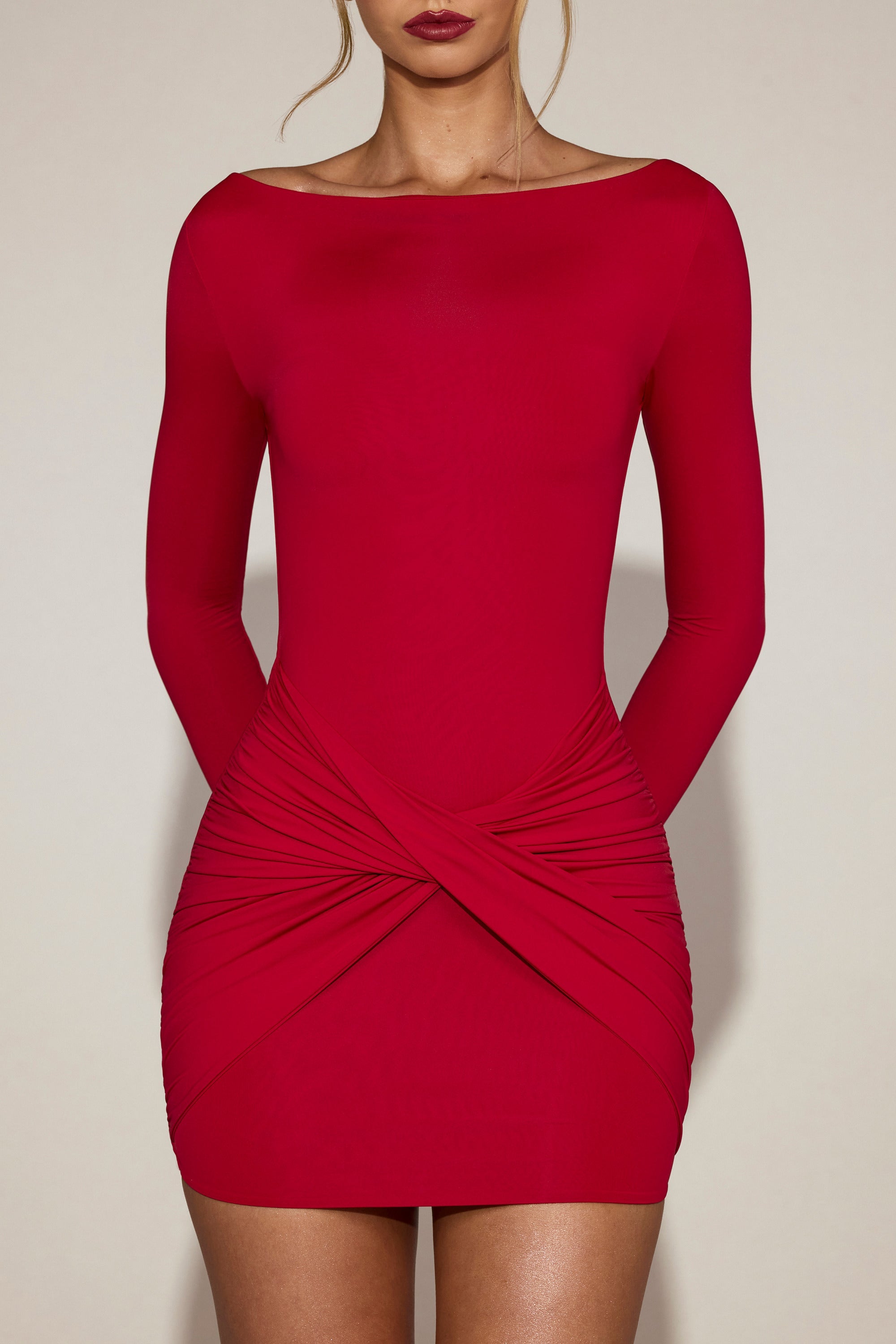 Draped Boat-Neck Mini Dress in True Red