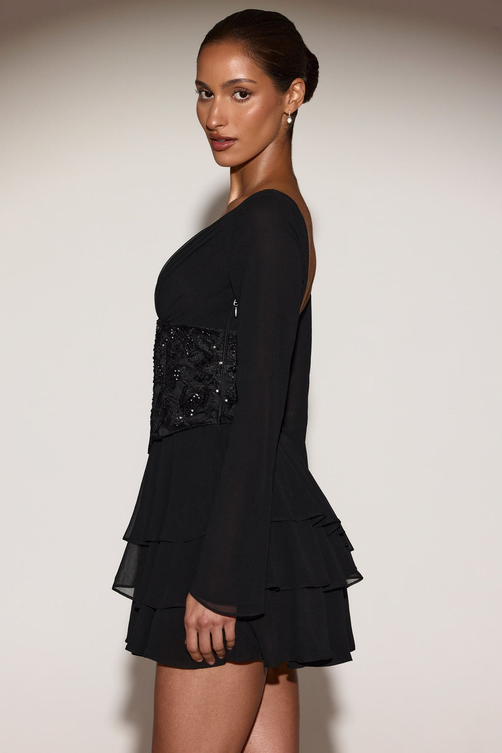 Embellished Corset A-line Mini Dress in Black