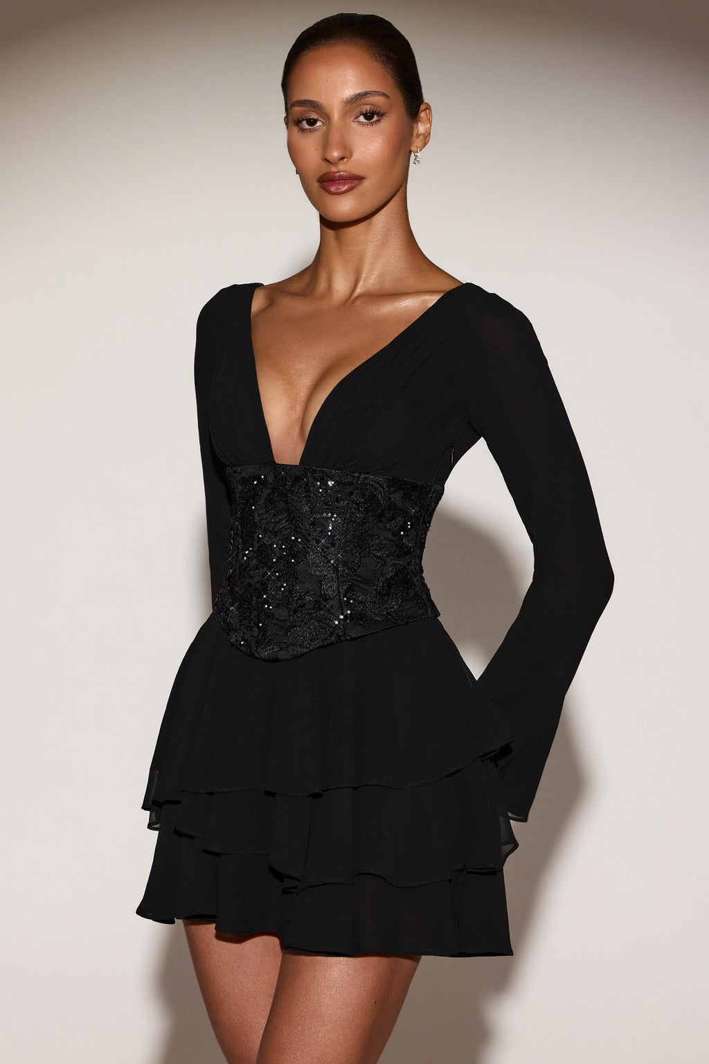Embellished Corset A-line Mini Dress in Black