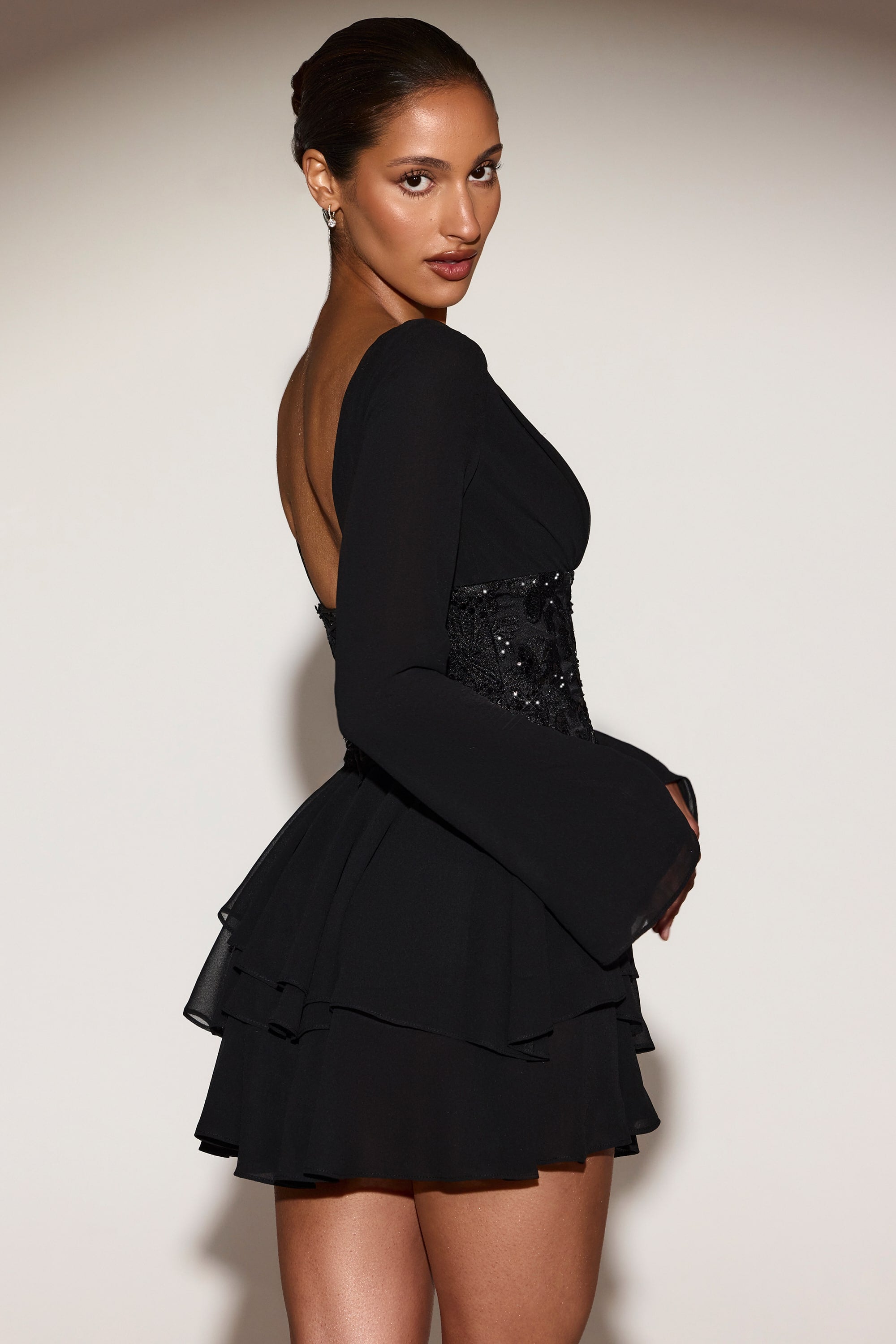 Embellished Corset A-line Mini Dress in Black