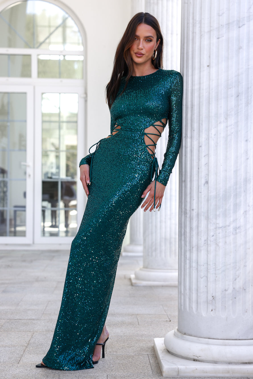 DEAR EMILIA Promise Me Forever Sequin Maxi Dress Green