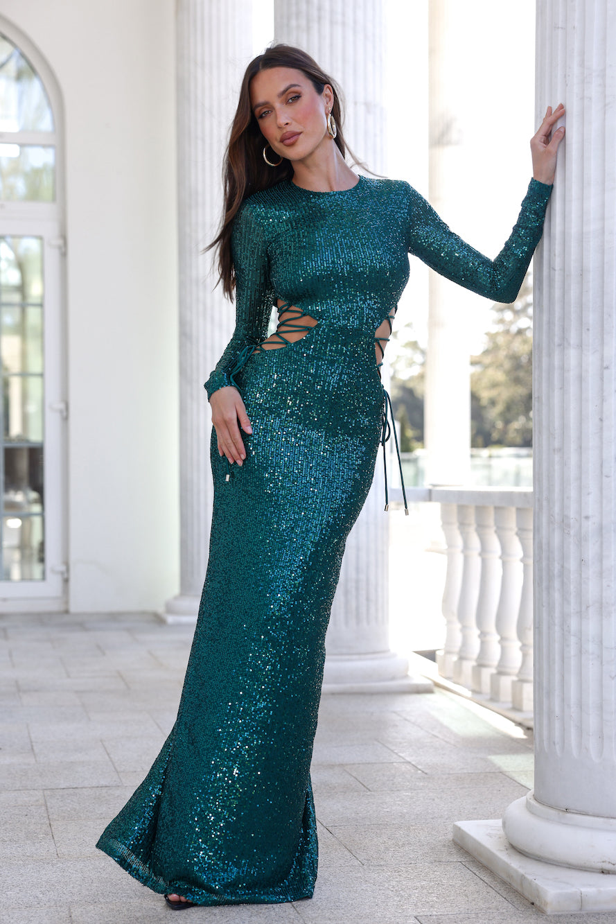DEAR EMILIA Promise Me Forever Sequin Maxi Dress Green
