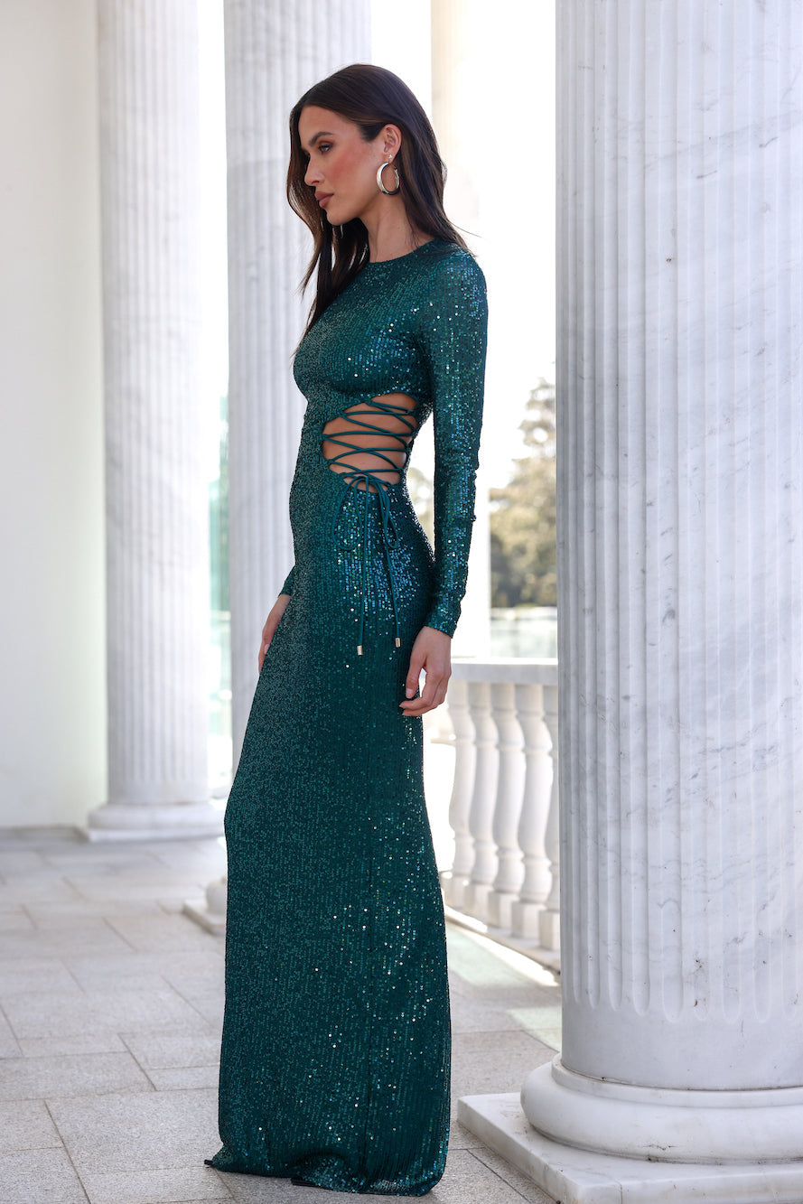 DEAR EMILIA Promise Me Forever Sequin Maxi Dress Green