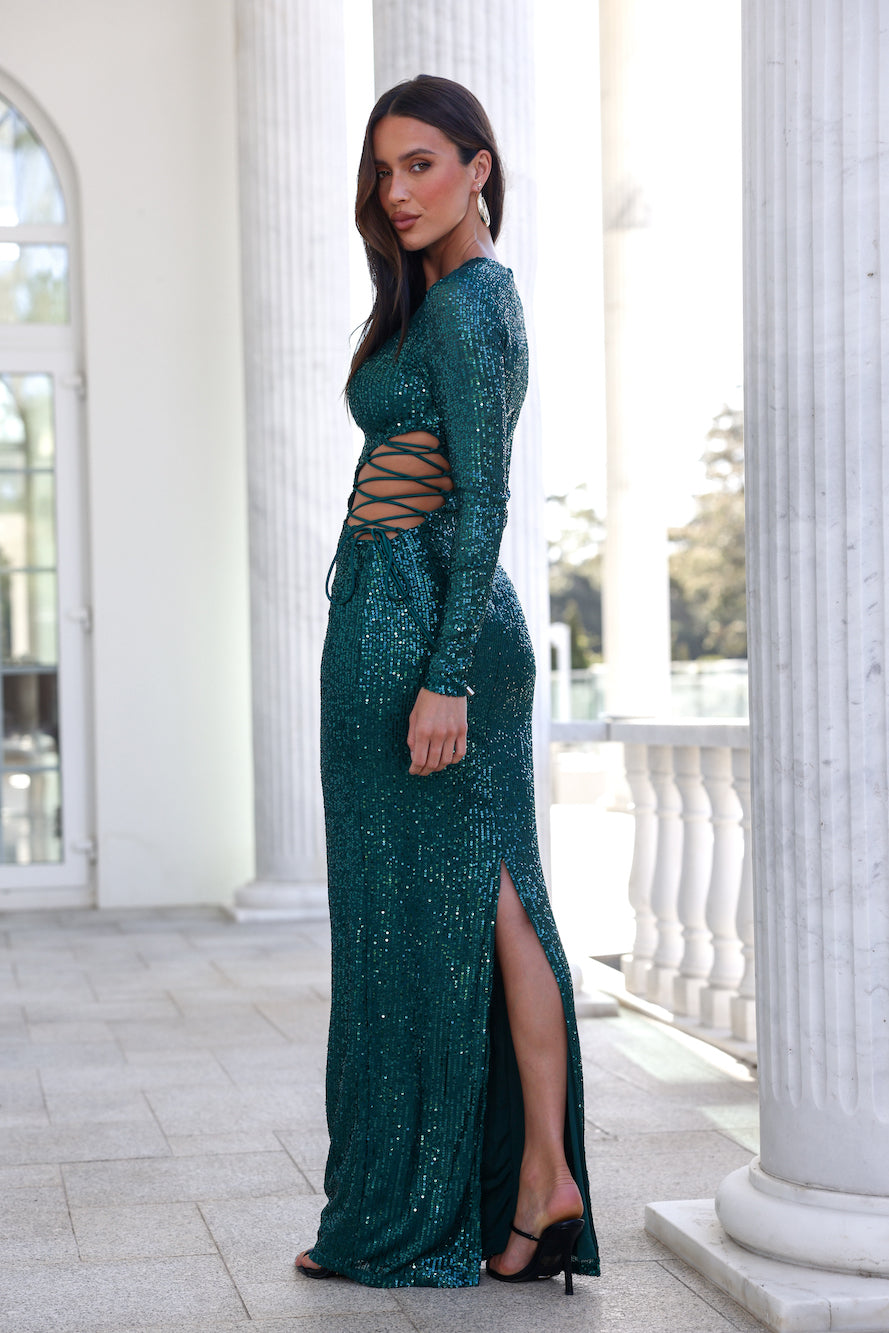 DEAR EMILIA Promise Me Forever Sequin Maxi Dress Green