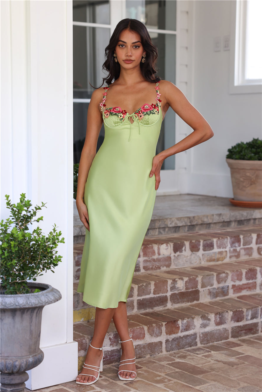 Blooming Relationship Satin Midi Dress Green