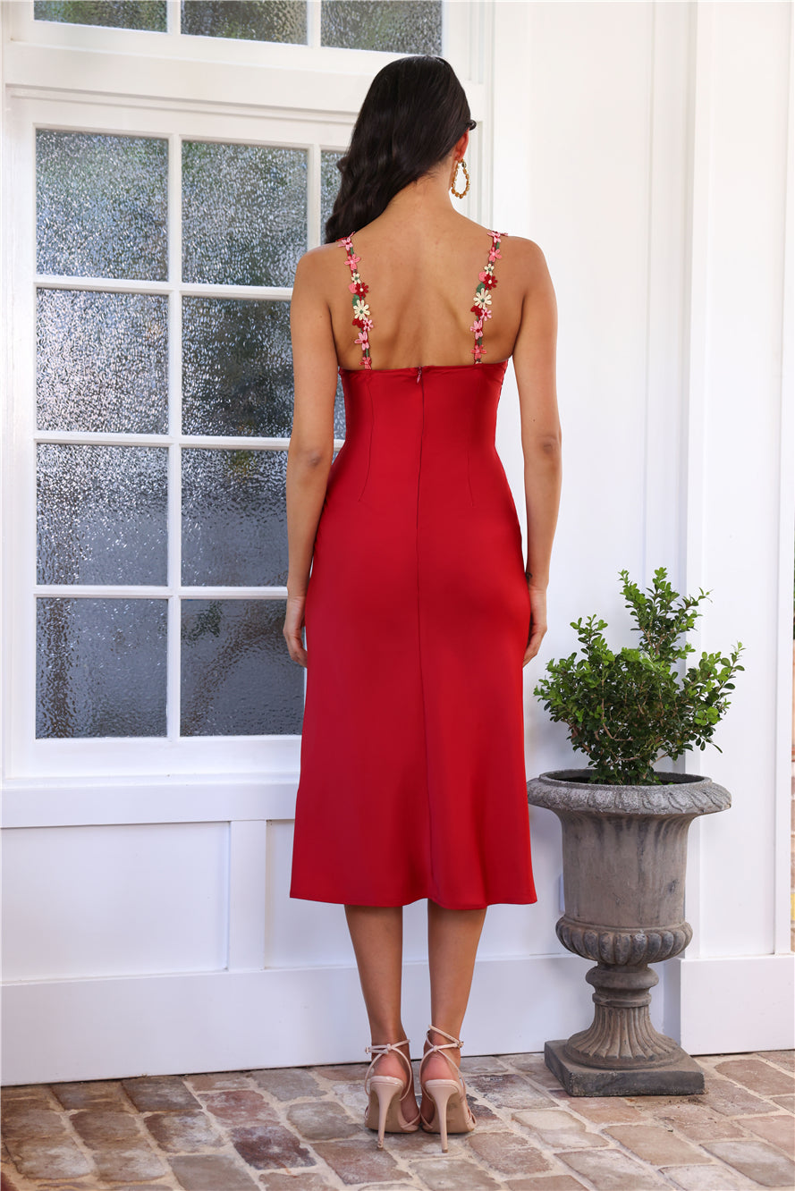 Blooming Relationship Satin Midi Dress Red