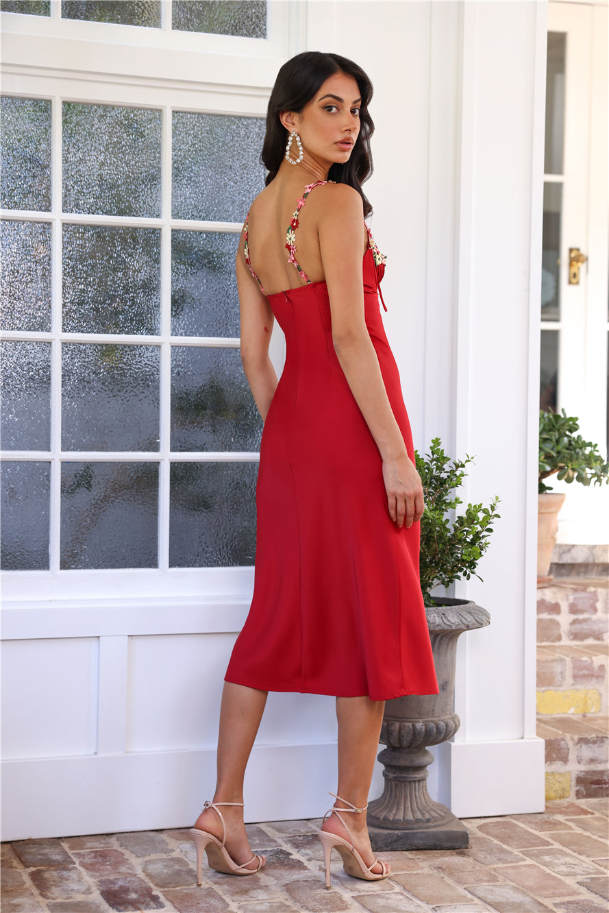 Blooming Relationship Satin Midi Dress Red