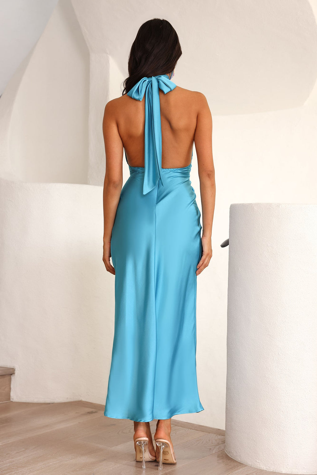 Beauty Of The Night Halter Satin Maxi Dress Blue