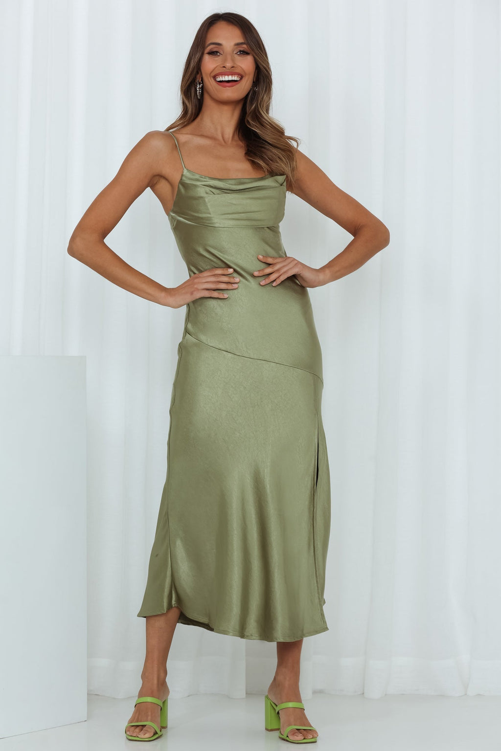 A Little Whisper Satin Midi Dress Olive