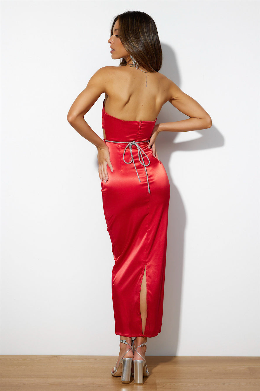 Diamanté Dreams Silky Midi Dress Red