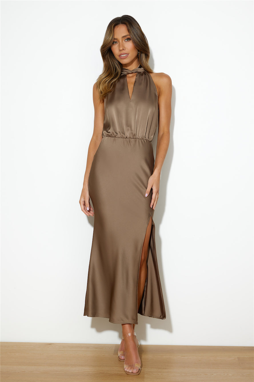 Girl Of The Moment Satin Maxi Dress Brown