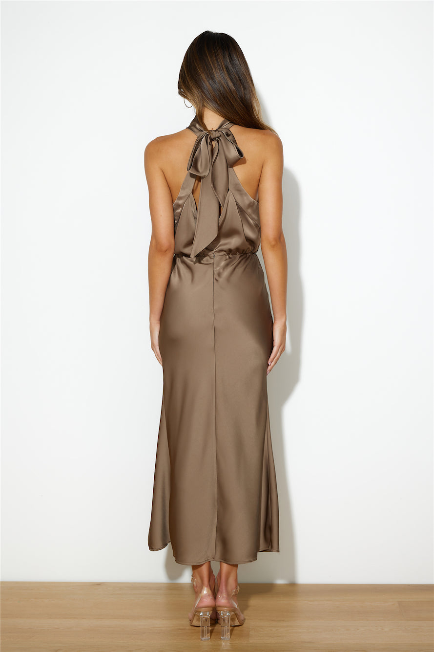 Girl Of The Moment Satin Maxi Dress Brown