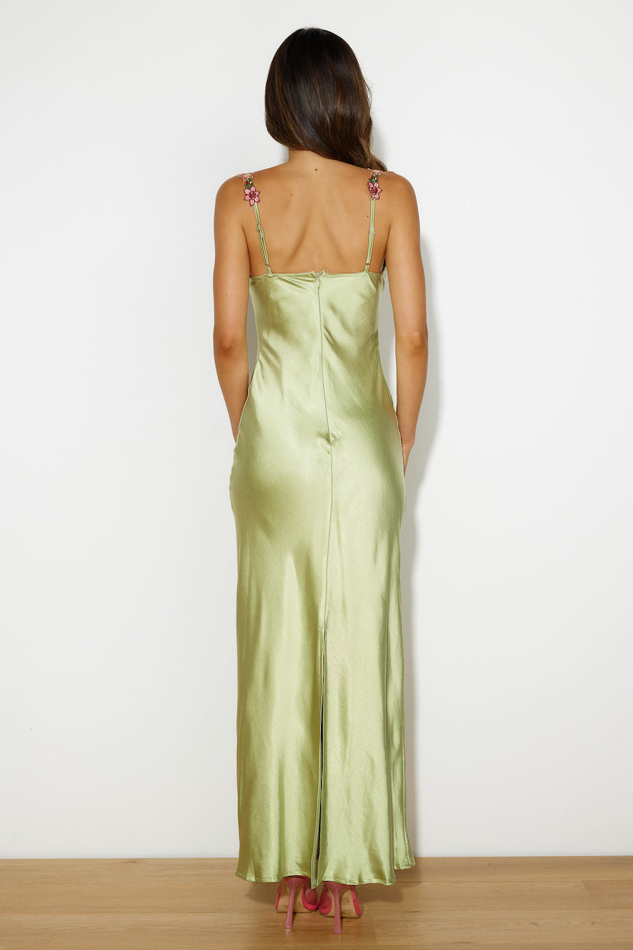 Flower Chains Satin Maxi Dress Green