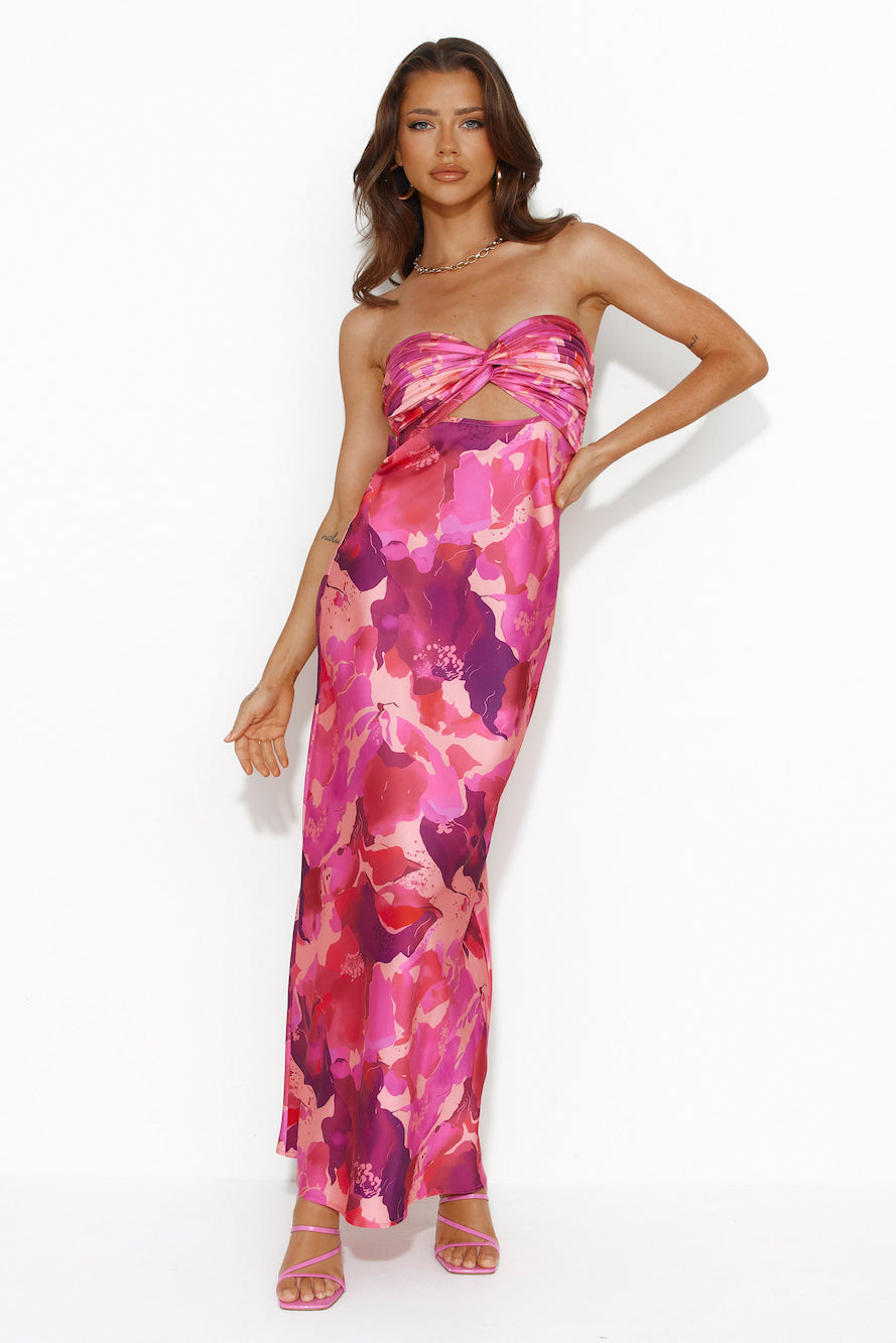 Color Bloom Strapless Satin Maxi Dress Pink