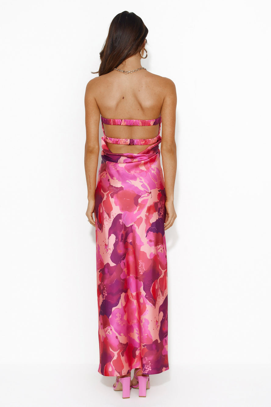 Color Bloom Strapless Satin Maxi Dress Pink