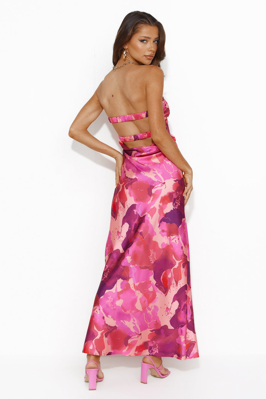 Color Bloom Strapless Satin Maxi Dress Pink