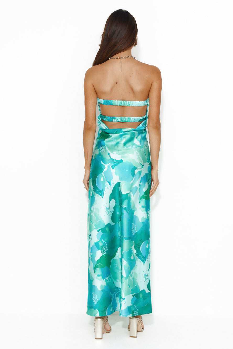 Color Bloom Strapless Satin Maxi Dress Green