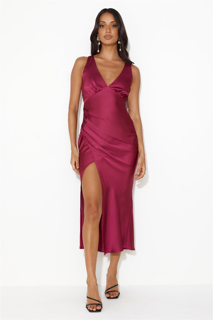 Accepting You Satin Midi Dress Plum