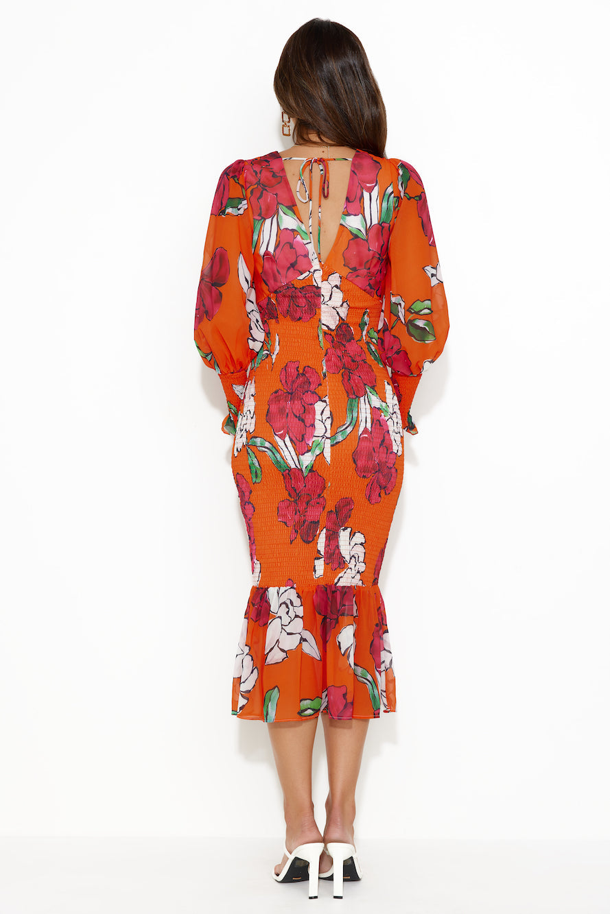 Fiesta Vibes Puff Sleeve Midi Dress Orange