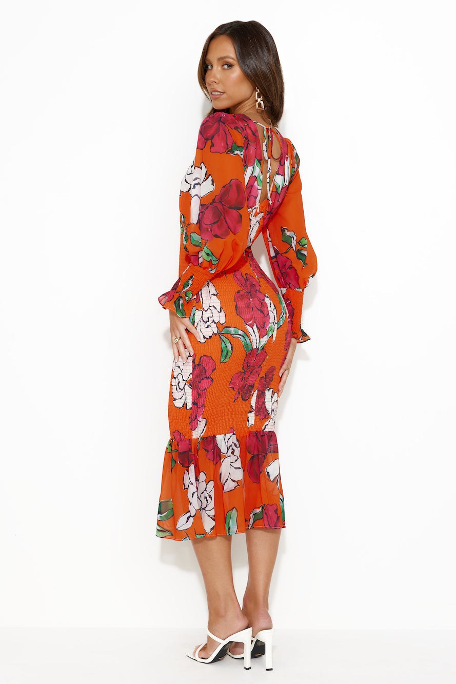 Fiesta Vibes Puff Sleeve Midi Dress Orange