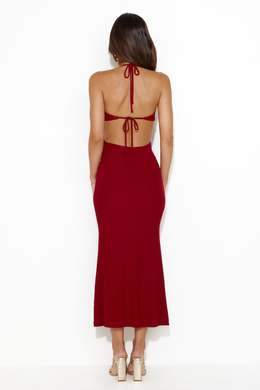 Girl Is Snatched Mesh Halter Maxi Dress Burgundy