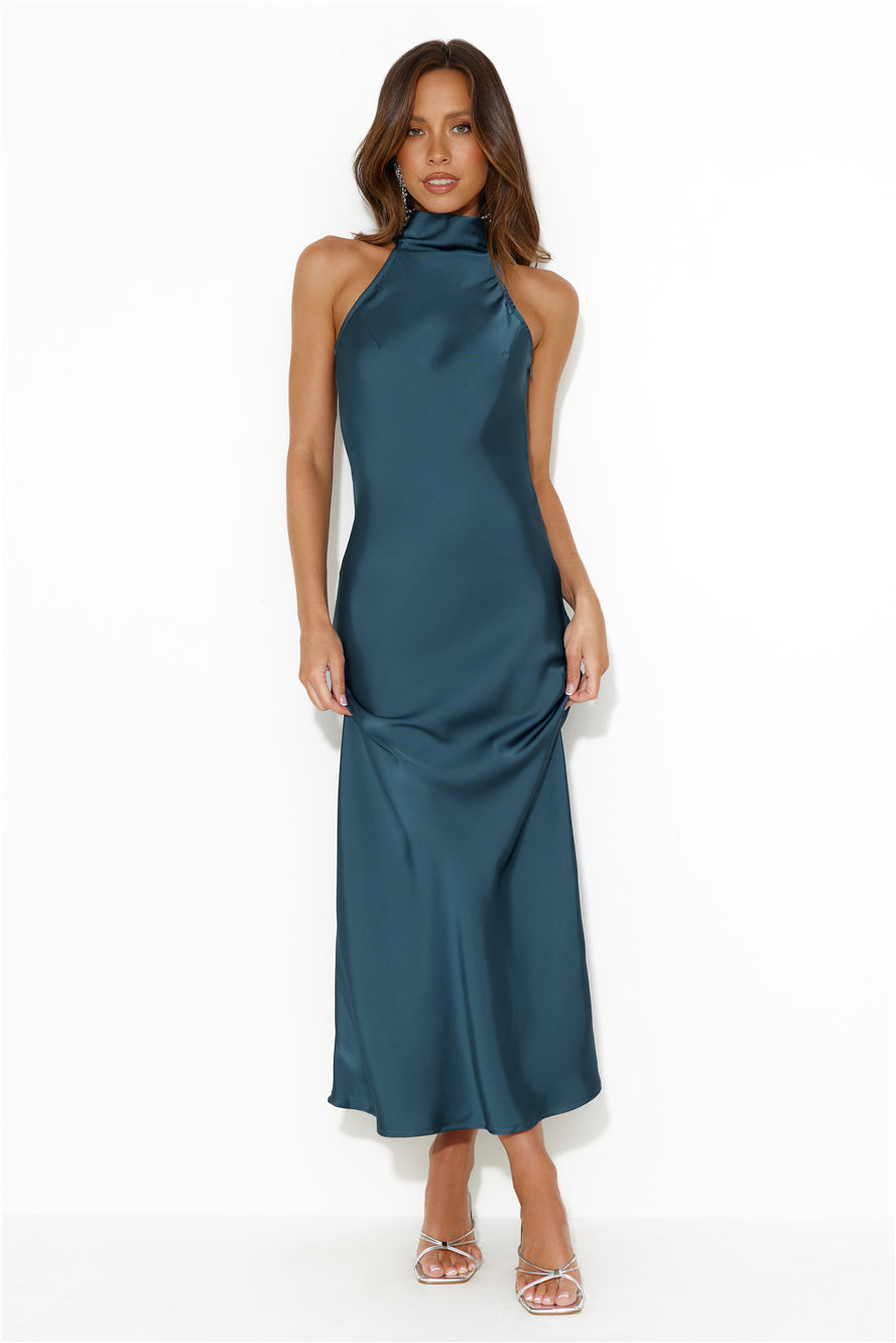 Crystal Glass Satin Maxi Dress Teal