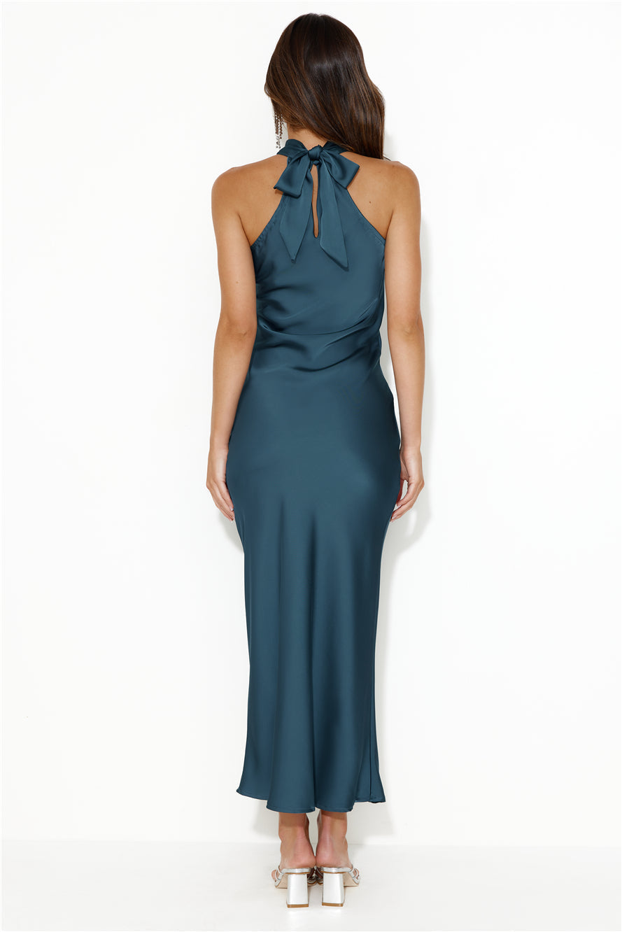 Crystal Glass Satin Maxi Dress Teal