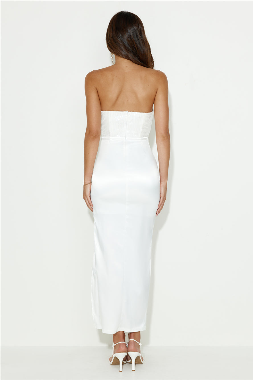 Stop To Compliment Satin Strapless Maxi Dress White