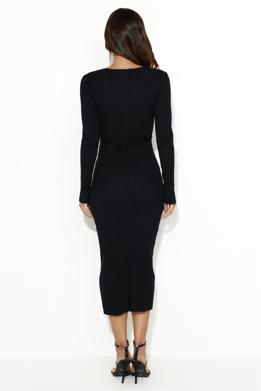 Cold Yet Stylish Long Sleeve Ribbed Midi Dress Black