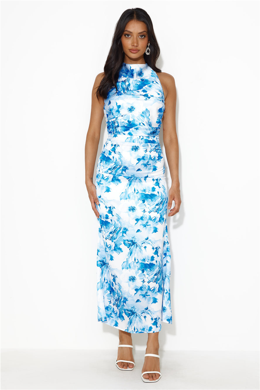 Beauty Of Fiji Satin Maxi Dress Blue