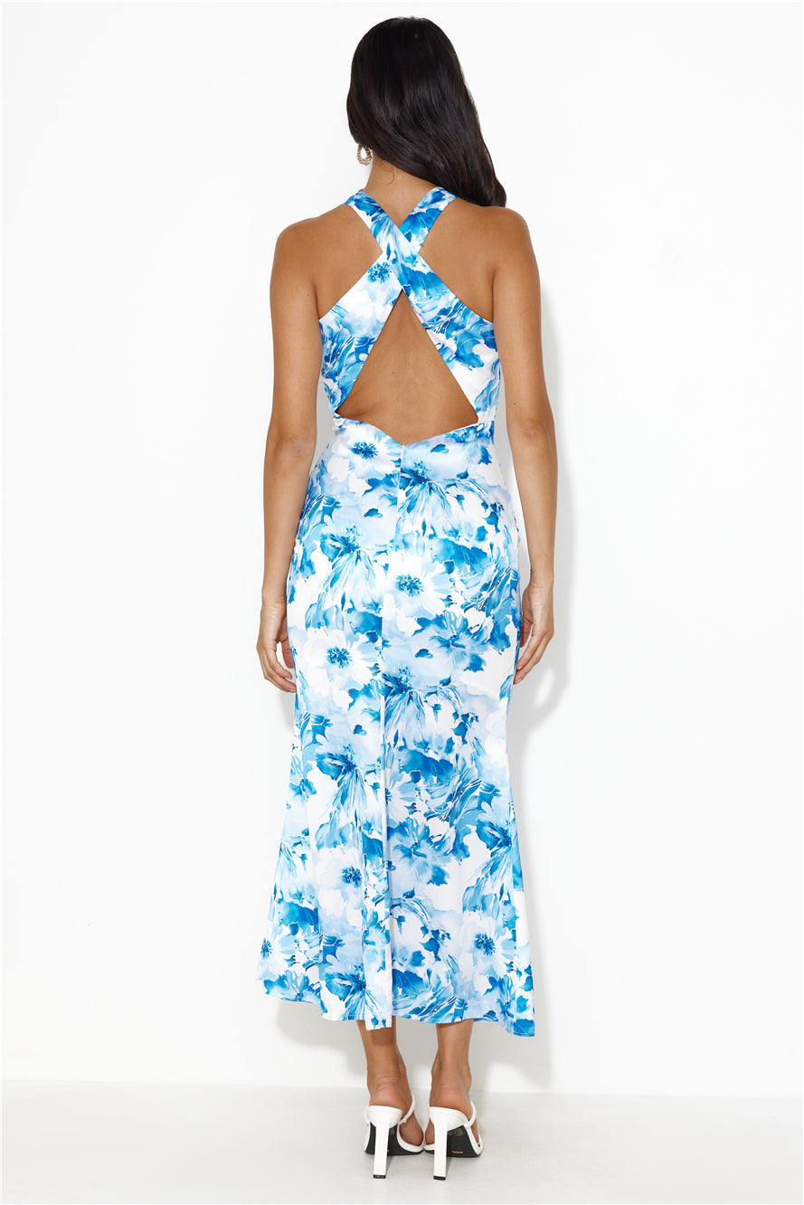 Beauty Of Fiji Satin Maxi Dress Blue