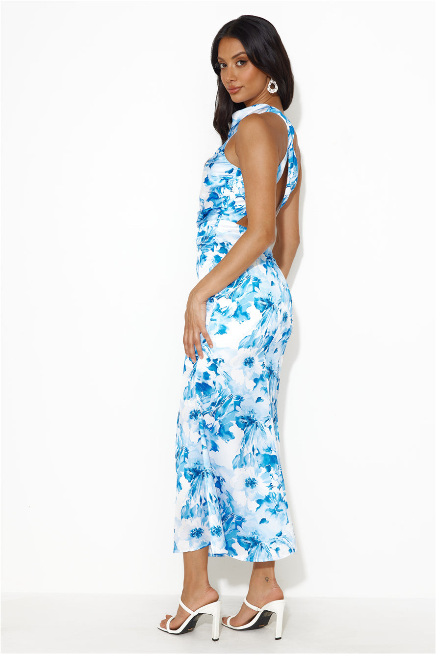 Beauty Of Fiji Satin Maxi Dress Blue
