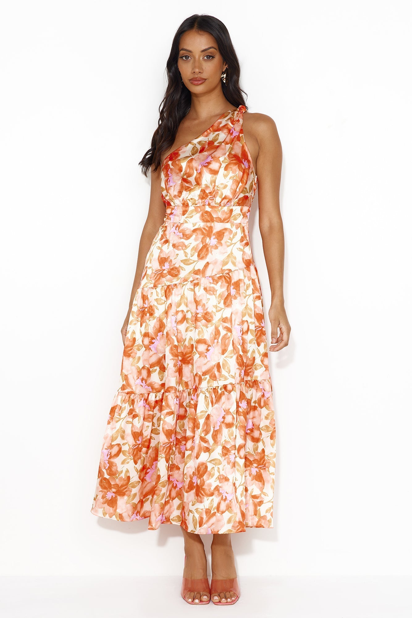 Blast Of Color One Shoulder Satin Midi Dress Orange