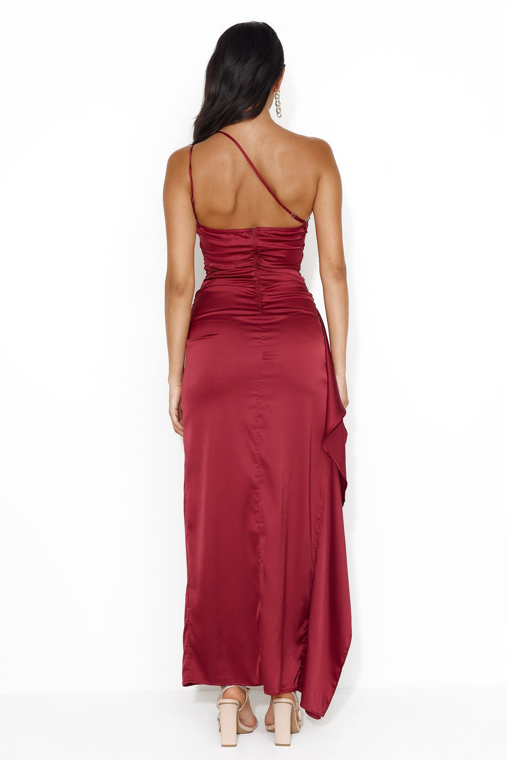 Extra Special One Shoulder Satin Maxi Dress Wine