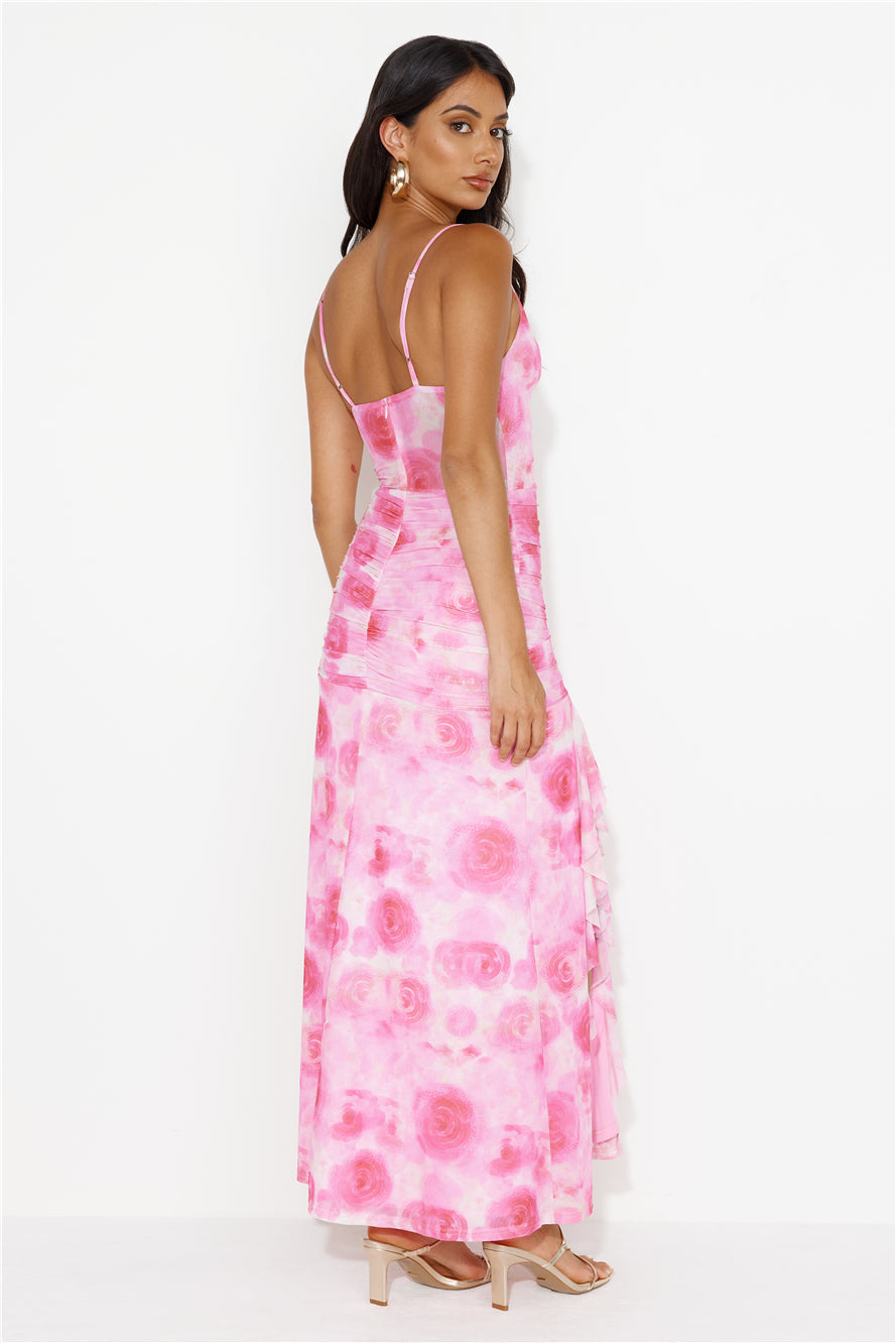 Dj's Music Mesh Frill Maxi Dress Pink