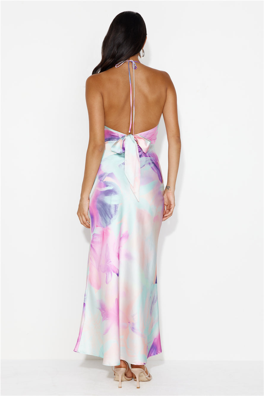 Melting Rainbow Satin Halter Maxi Dress Print