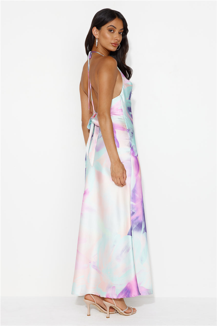 Melting Rainbow Satin Halter Maxi Dress Print