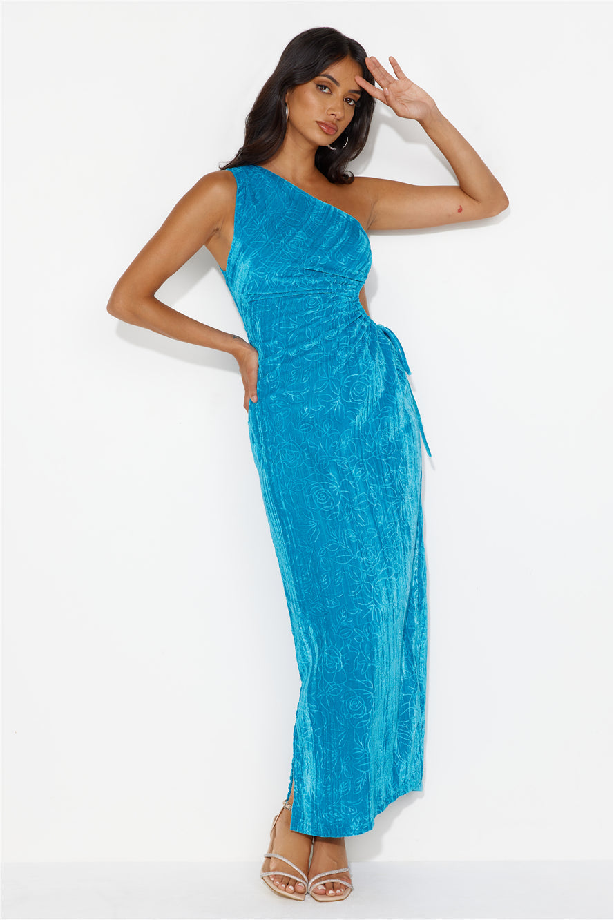 Universe Moons One Shoulder Velvet Maxi Dress Blue