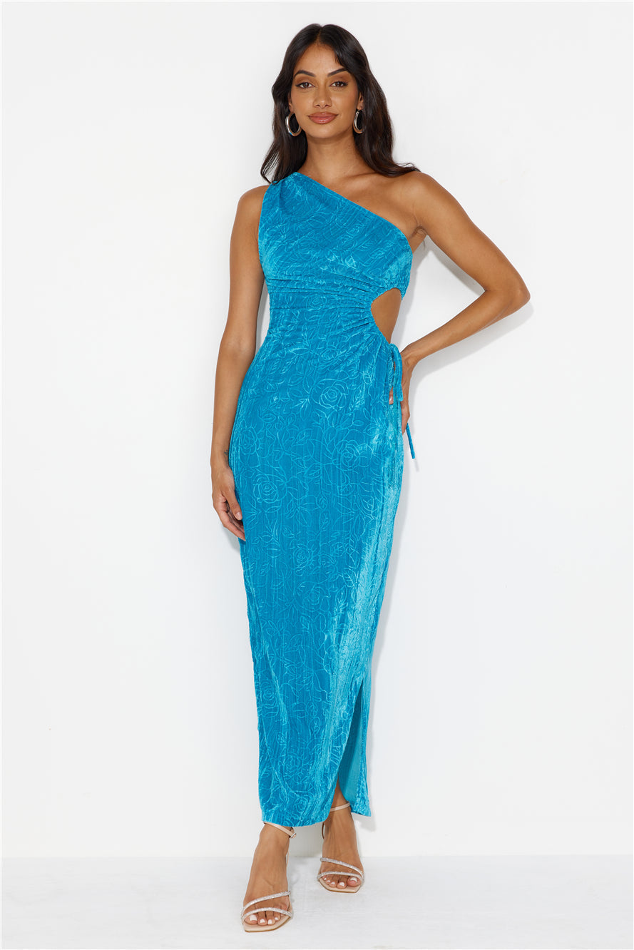 Universe Moons One Shoulder Velvet Maxi Dress Blue